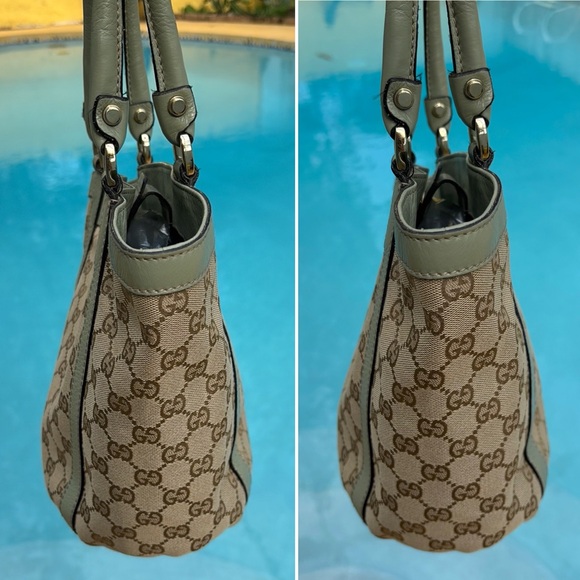 SOLD • Gucci GG Monogram Fabric Cream Sage Mint Green Leather Bucket Shoulder - Picture 3 of 17